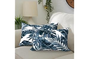 DYTXIII Pack of 2 Outdoor Waterproof Lumbar Pillow Covers ONLY, Rectangle Decorative Double Printed Pillow Cases for Patio Couch Porch Chairs (12 x 20 in,Palm Blue)