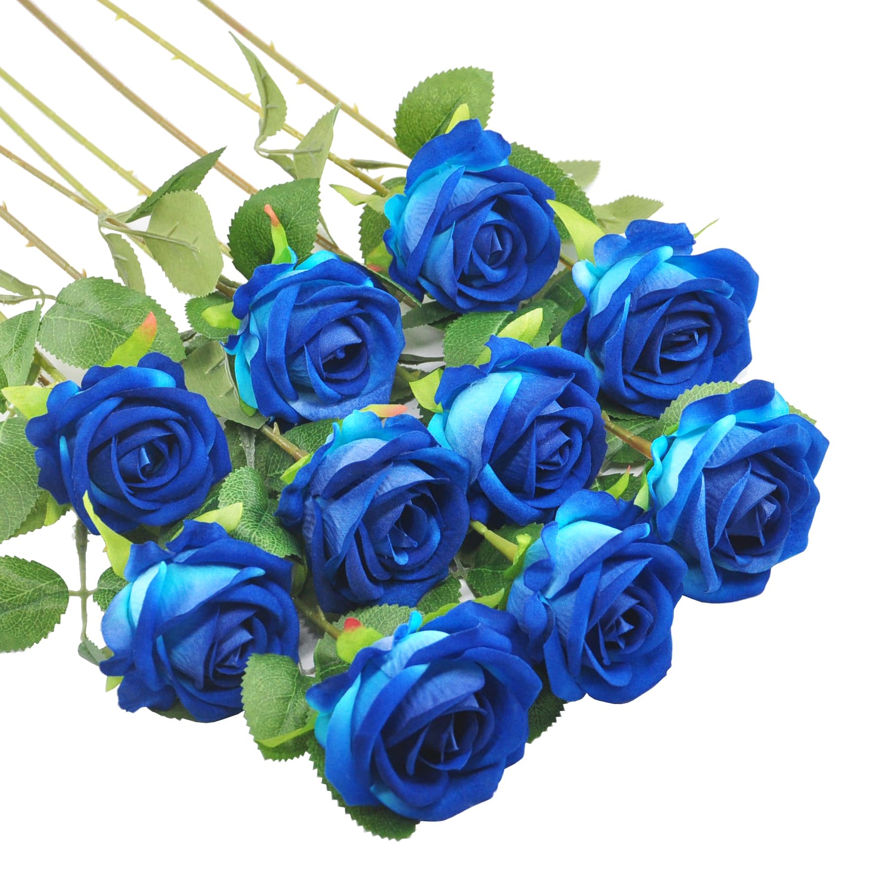Huspox Fake Roses Artificial Flowers with Long Stem for Decoration Bouquet Wedding Floral Arrangement 10pcs Well Pack (Blue) — image 1
