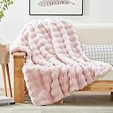 JONIYEAR Decorative Soft Fluffy Bubble Faux Rabbit Faux Fur Throw Blanket 50" x 60",Reversible Cozy Accent Thick Warm Furry Blankets for Winter,Lovely Cute Washable Plush Fuzzy Blanket for Women, Pink