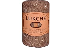 Lukche 2mm Cotton Sparkle Macrame Cord 224 Yards, 8.80 Oz, Colorful Crochet Macrame Cord for Wall Hangings, Bags, Plant Holders, Carpets, Polypropylene Supplies (Camel Gold)