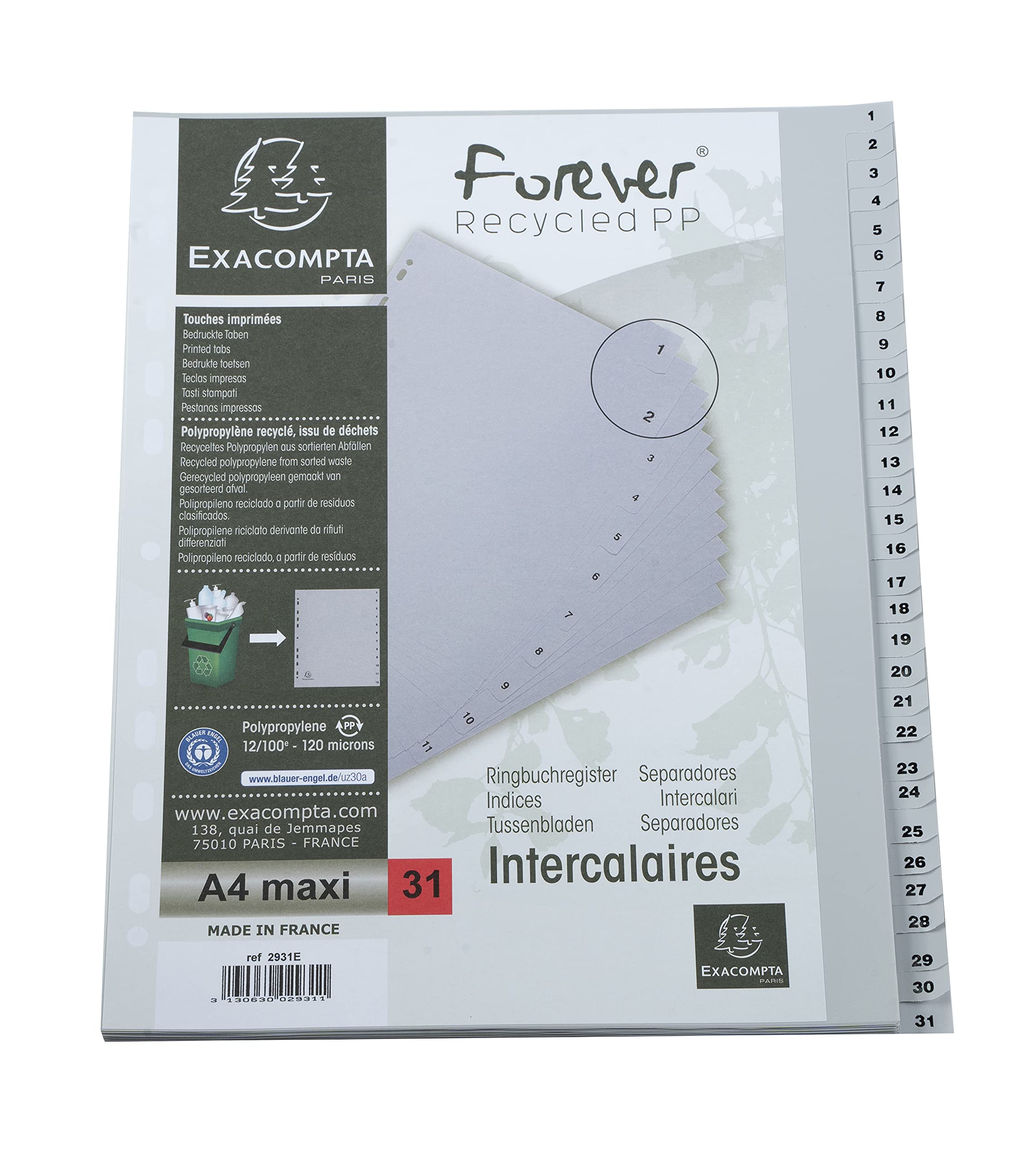 Exacompta - Ref 2931E - PP Printed Indices - For Use With A4+ Documents, 0.1mm Polypropylene, Pre-Punched, Soft & Tear Resistant - 31 Divider Parts (1-31) - Grey