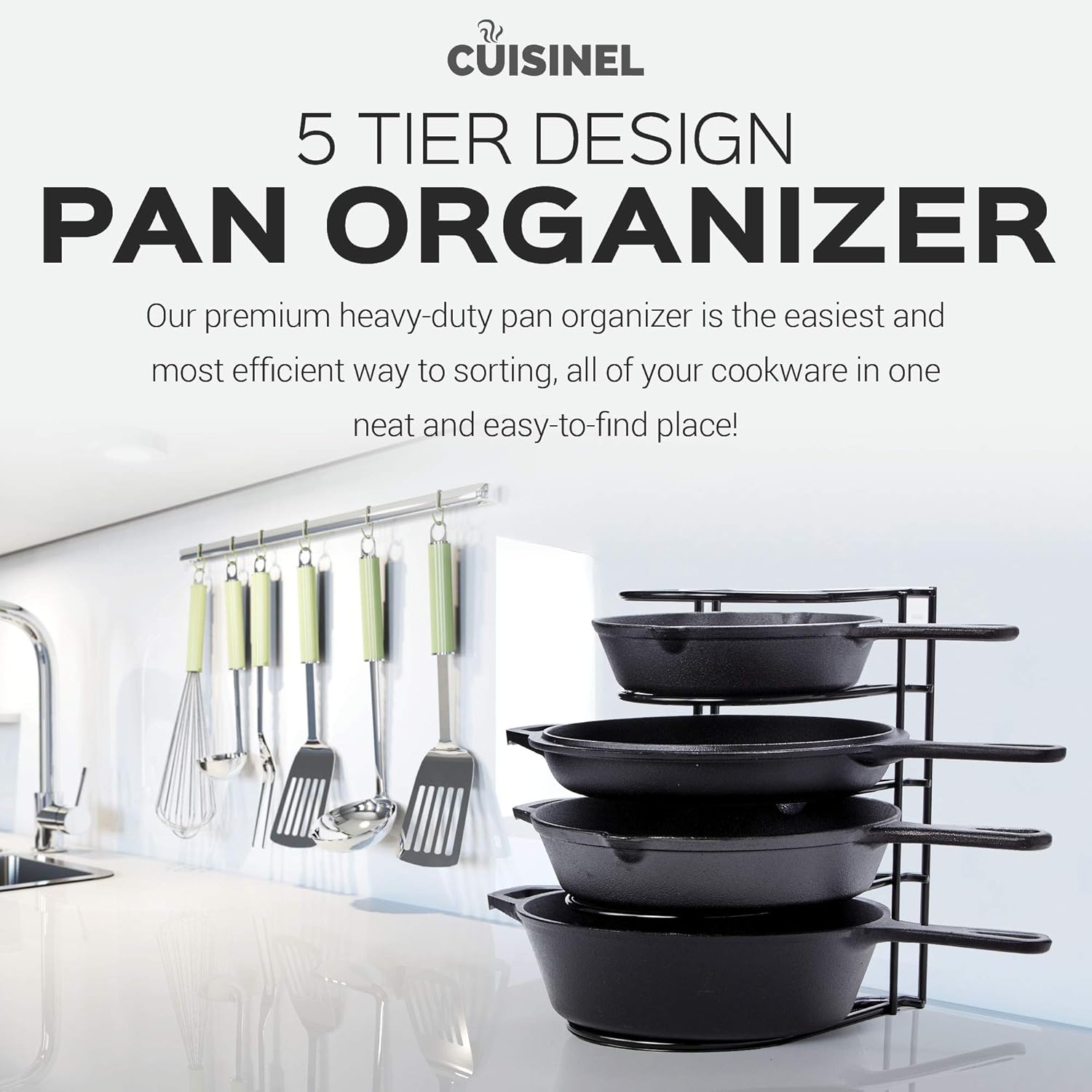 Heavy Duty Pan Organizer, 5 Tier Rack - Holds up to 50 LB - Holds Cast Iron Skillets, Griddles and Shallow Pots - Durable Steel Construction - Space Saving Kitchen Storage - No Assembly Required: Kitchen & Dining