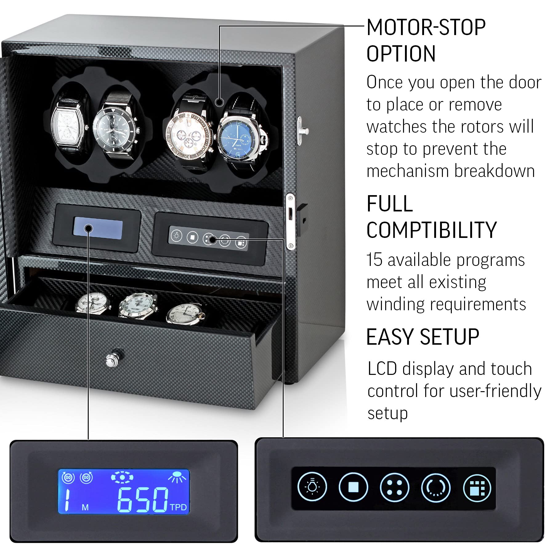 Leader WATCH WINDERS 4 Watch Winder with 5 Watch Storage Space, LCD Display, Touch Control and Interior Light