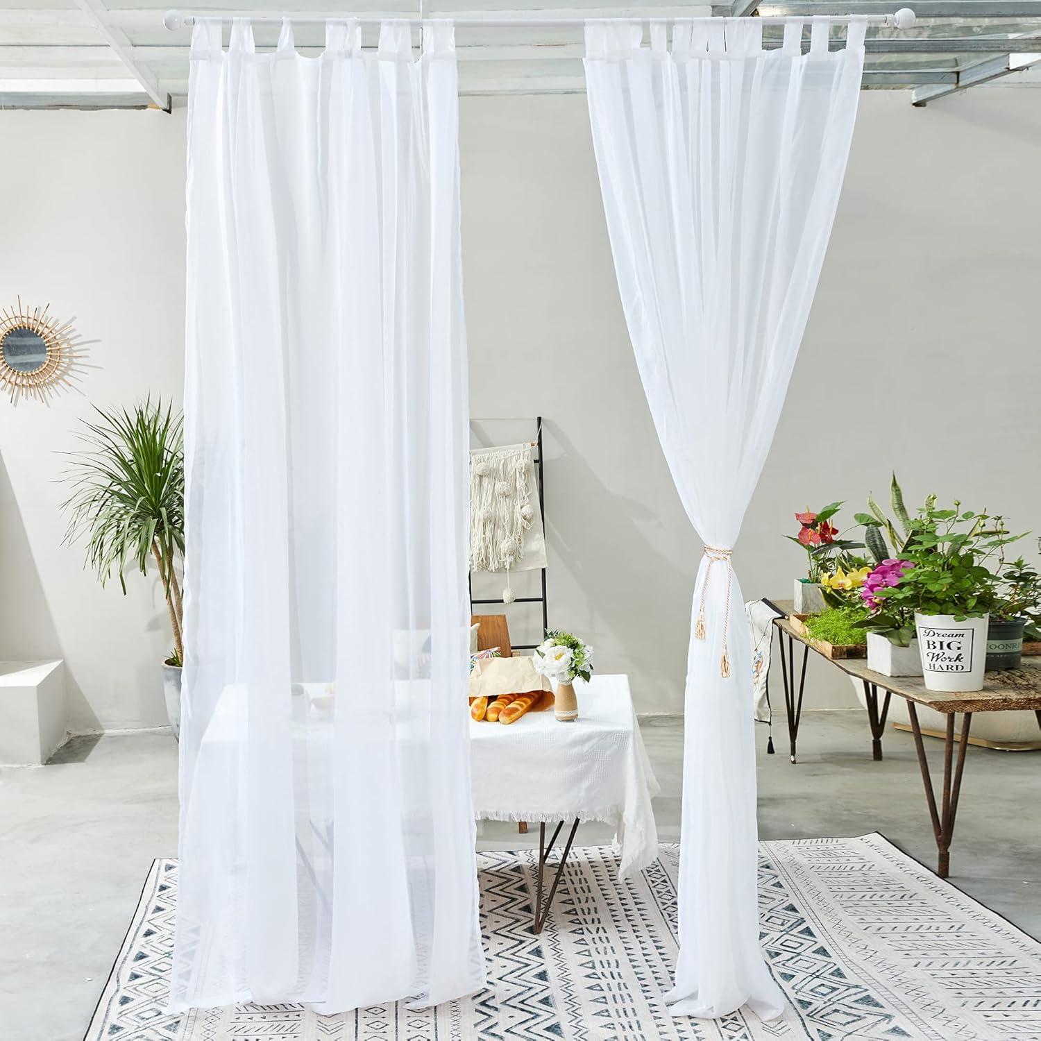 Outdoor Curtains - Drewin Outdoor Sheer Curtains Waterproof for Patio Detachable Tab Top Airy Voile Drapes with 1 Tassel Tieback Rope Semi Sheer Panel for Gazebo Porch Pergola, 1 Pack 100''x96'', White