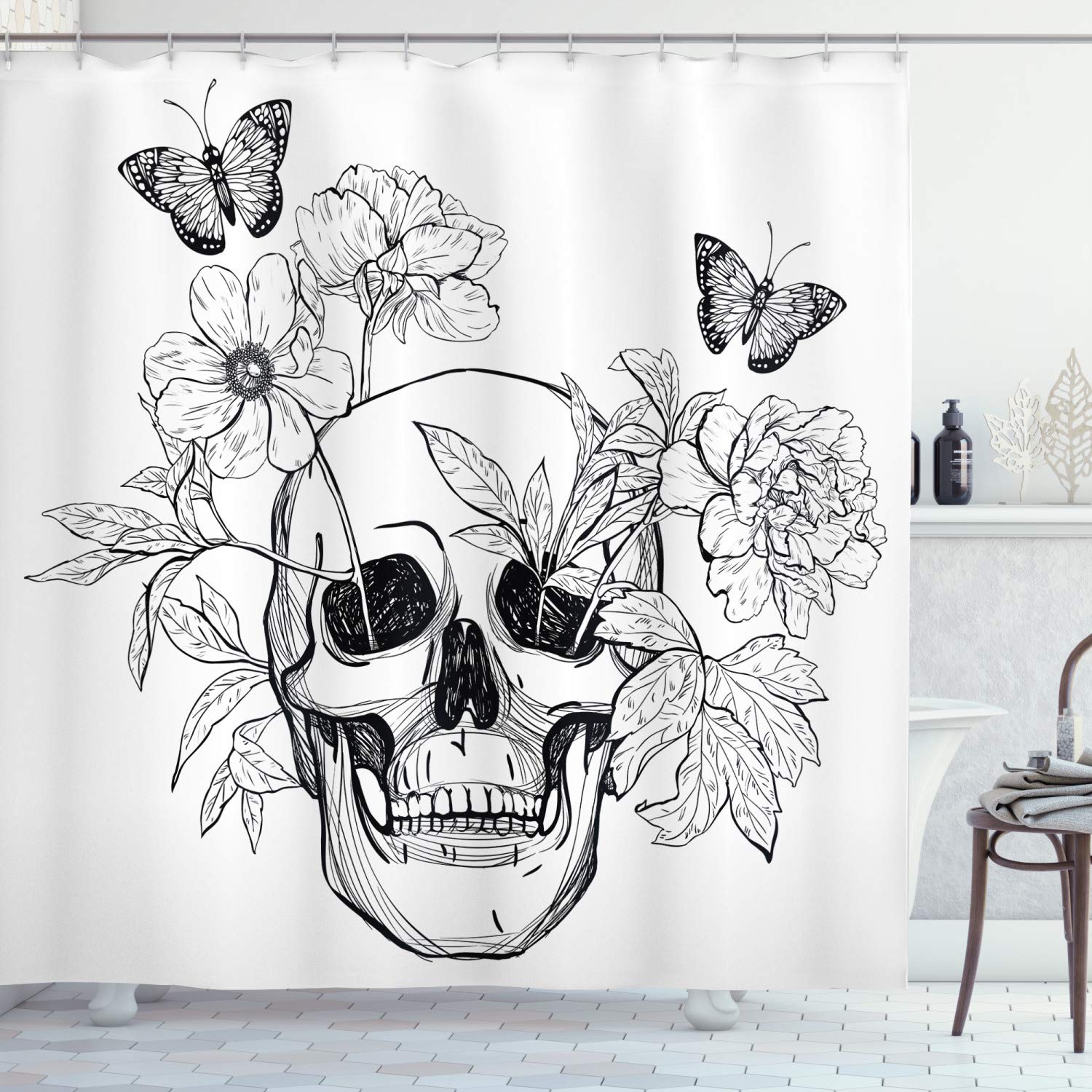 ABAKUHAUS Day of the Dead Shower Curtain, Skull with Flower Blooms and Butterflies Vintage Gothic Design Print, Cloth Fabric Bathroom Decor Set with Hooks, 78 Inches, Black and White — image 1