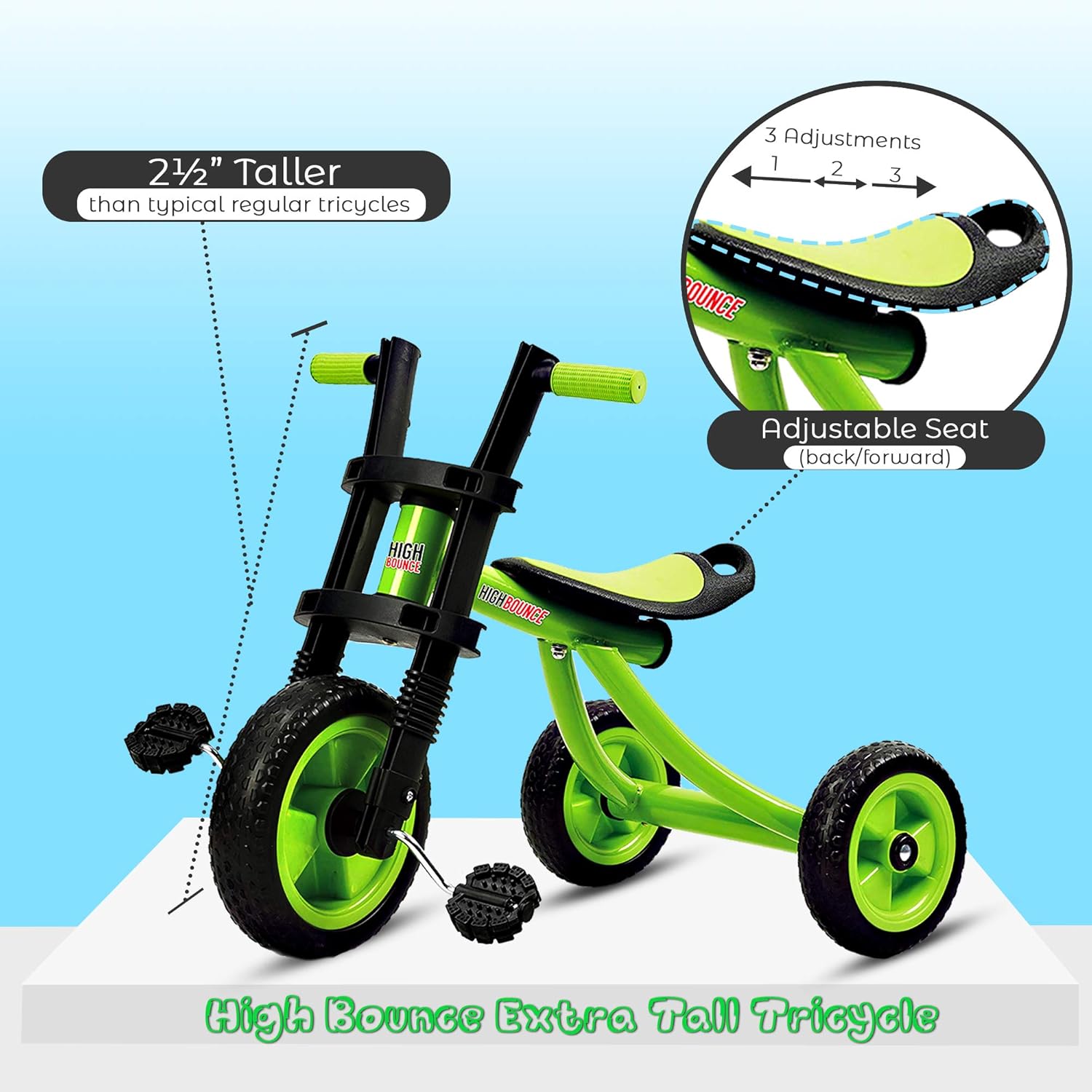 High Bounce Kids Tricycle - Extra Tall 3 Wheel Kids Trike, for Toddlers and Kids Ages 3-6 Adjustable Seat Tricycles, Soft Rubber Handle (Green) : Sports & Outdoors