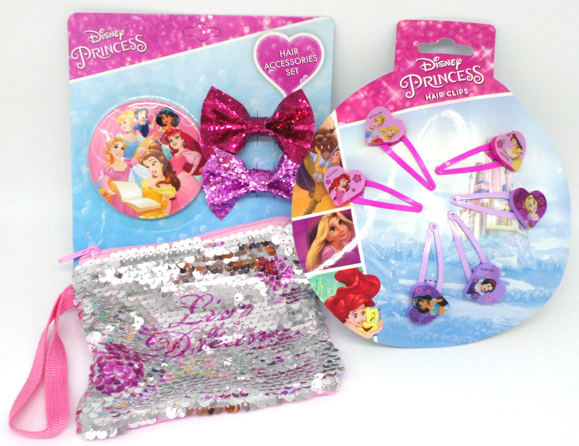 TLD Disney Princess Mirror + Sequin Purse + 2 Bows + 6 Hair Clips - Gift Bundle