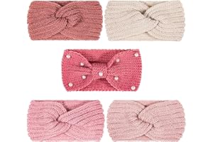Whaline 5 Pieces Winter Knit Headbands Chunky Knit Headbands,4 Elastic Turban Head Wraps and 1 Pearl Crochet Hair Band, Ear Warmer Crochet Head Wraps for Women Girls (Pink Colors)