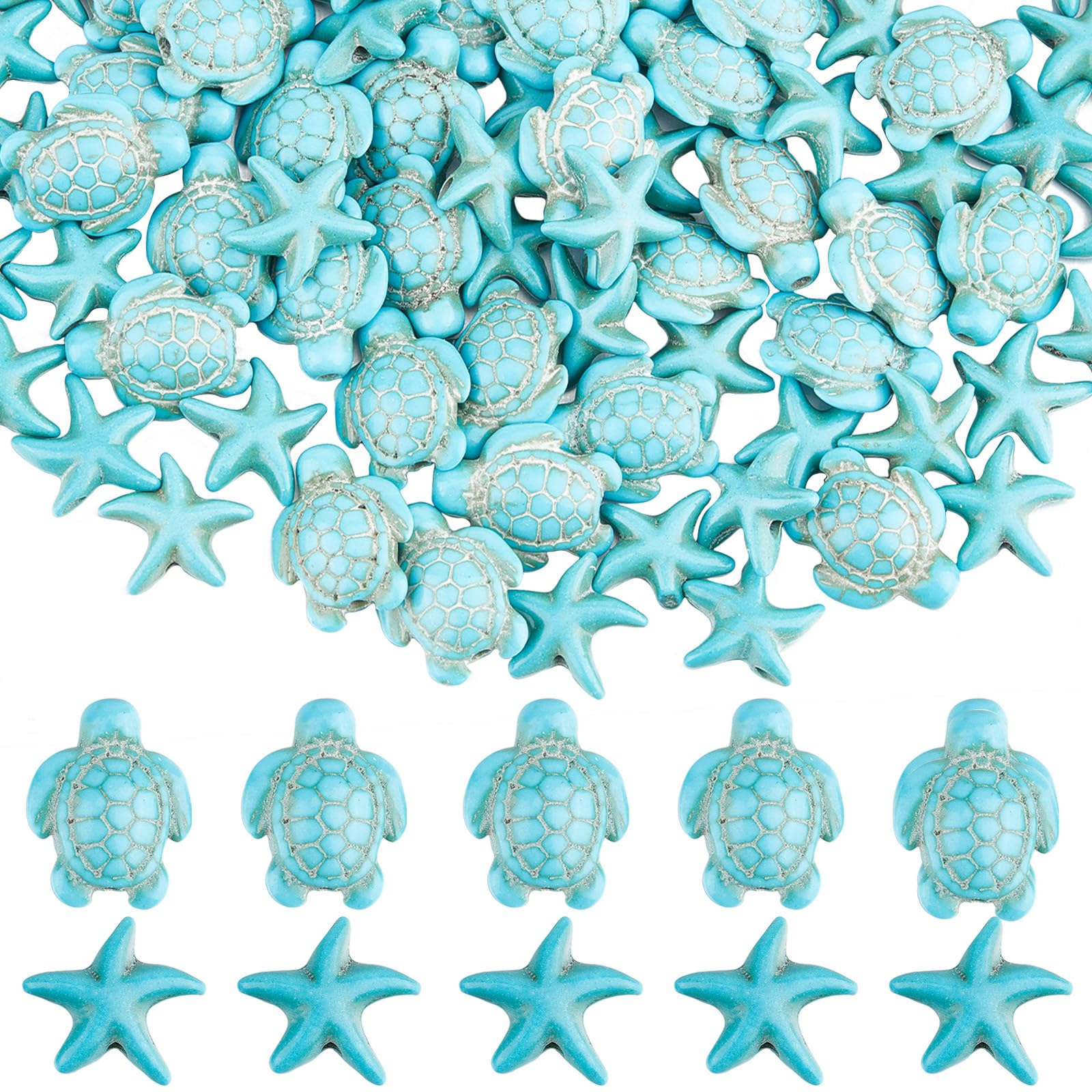 SUNNYCLUE 1 Box 80+120Pcs Turtle Beads Bulk Blue Starfish Beads Turtles Charms Synthetic Turquoise Summer Sea Ocean Animal Tortoise Bead for jewellery Making Beading Kit DIY Necklace Bracelet Supplies