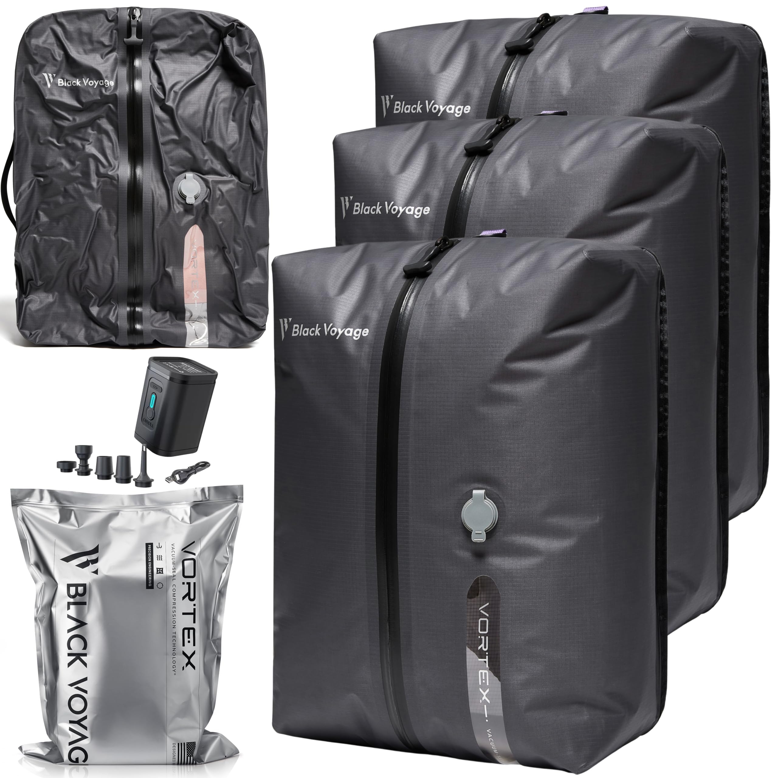 Black Voyage Reusable Vacuum Compression Travel Bag for Carry-On Suitcase and Backpack, Recycled IP67 Waterproof Space Saver Vacpack (3-Pack, 18L - Pump Included)