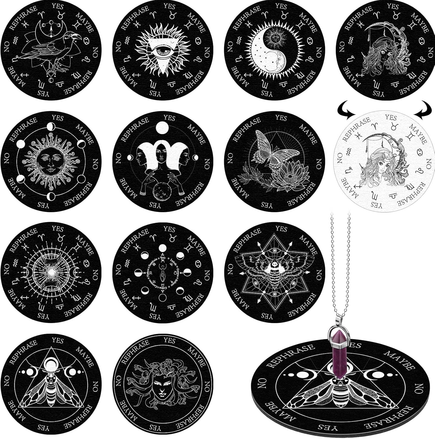 Indoor Fountains & Accessories - 13 Pieces Star Pendulum Board Dowsing Divination Board Set Included Double Sided Wooden Ouija Boards Metaphysical Message Board with Healing Pendulum Crystal Necklace Witchcraft Wiccan Altar Supplies