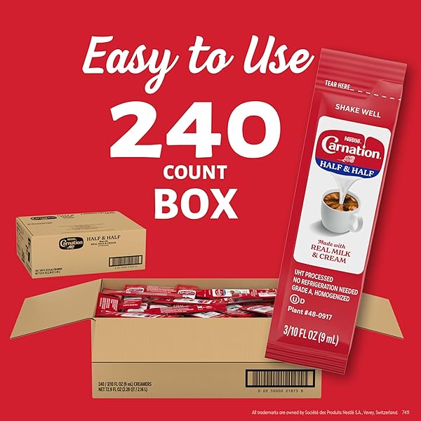 NESTLE CARNATION COFFEE CREAMER HALF AND HALF, MADE WITH REAL DAIRY, 0.304 FL OZ LIQUID STICK PACK (BOX OF 240)