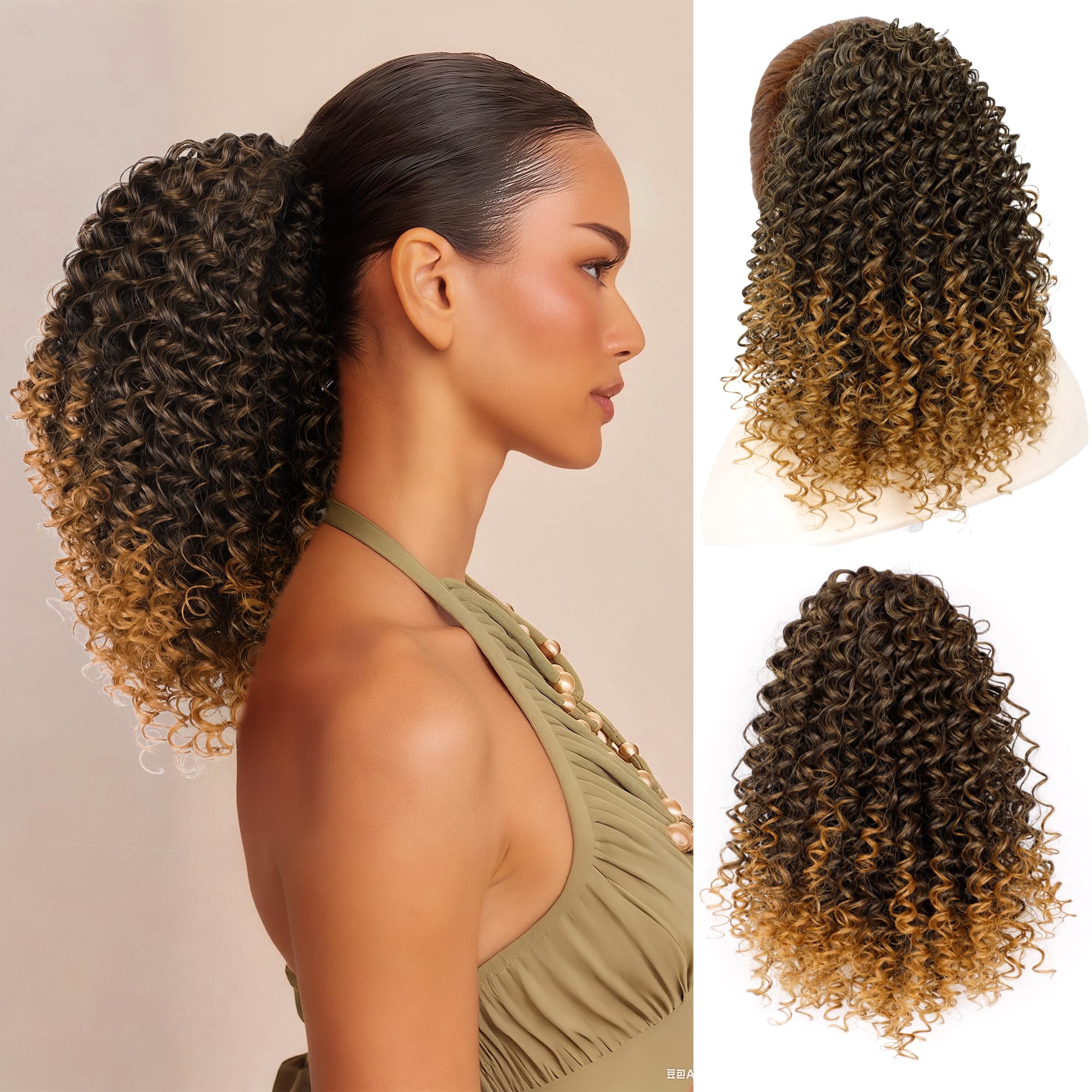 Photo 1 of ZAVIDE Ponytail For Black Women Drawstring Ponytail Curly Hair Short Ponytail Extension Pony tails Drawstring Hair Pieces Human Hair Feeling For Daily Use (T27)