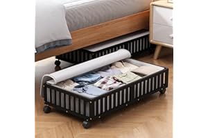 MHXW SXPN Bamboo Under Bed Storage Containers with Wheels, 2 Pack Large Under the Bed Shoe Storage Bins, Wood Rolling Underbed Drawers Organizer for Bedroom Closet Clothes Blanket Under Crib Toy Black