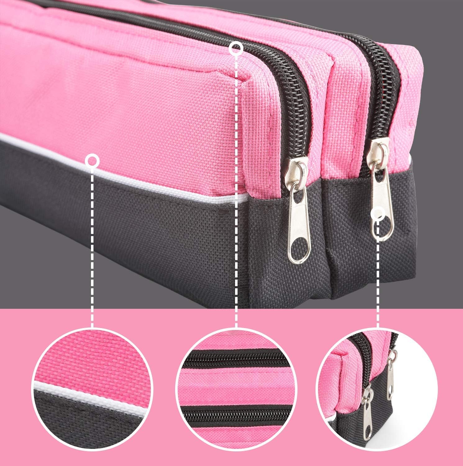 ARPAN X-Large Double Zip Fabric Pencil Case, Rectangular Pencil Case for School College, Art & Make-Up Storage, 25 x 8 x 5 cm (Pink) - Image 3