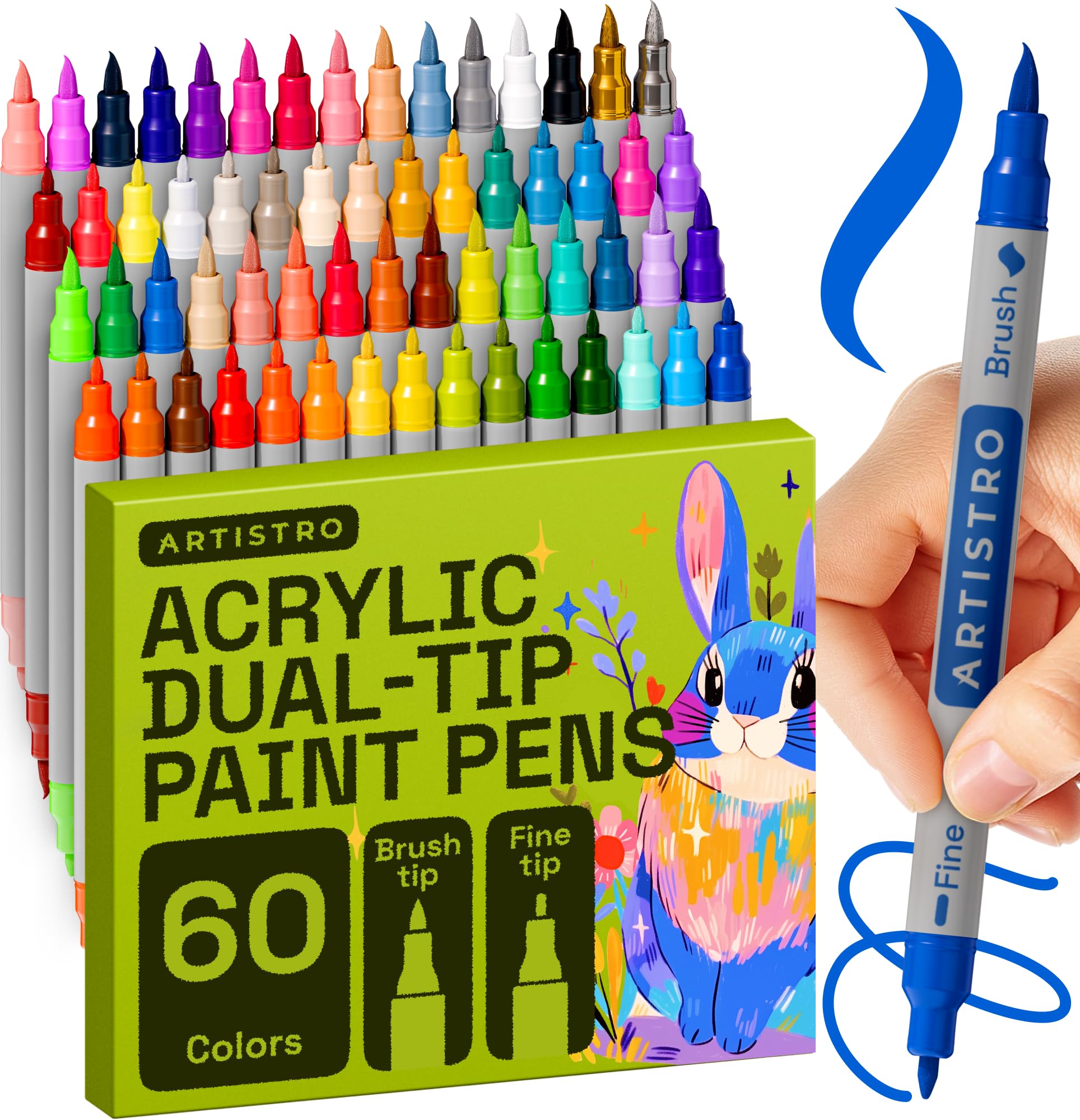 ARTISTRO 60 Acrylic Paint Markers - Paint Pens Dual Tip Brush + Fine Ideal for Calligraphy - Perfect for Fabric, Rock, Glass, Wood, DIY - Art Supplies, Stocking Stuffers, Christmas Gift Idea Image