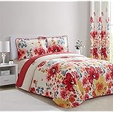All American Collection 3 PC Floral Printed Red and Beige Reversible Bedspread Quilt Set Coverlet and Pillow Sham Set King/California King Size