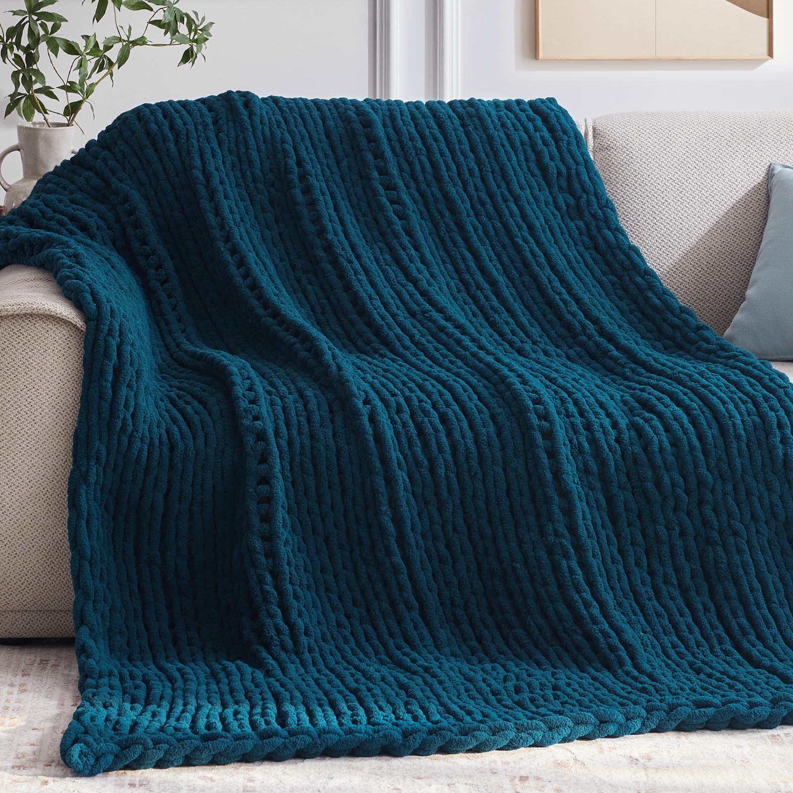 Photo 1 of Negwoo Chunky Knit Throw Blanket, 60''*80'' Knitted Throw Chenille Yarn for Bed Couch, Handmade Peacock Blue Crochet Big Thick Blanket, Machine Washable Cute Comfy Blanket for Home Decor