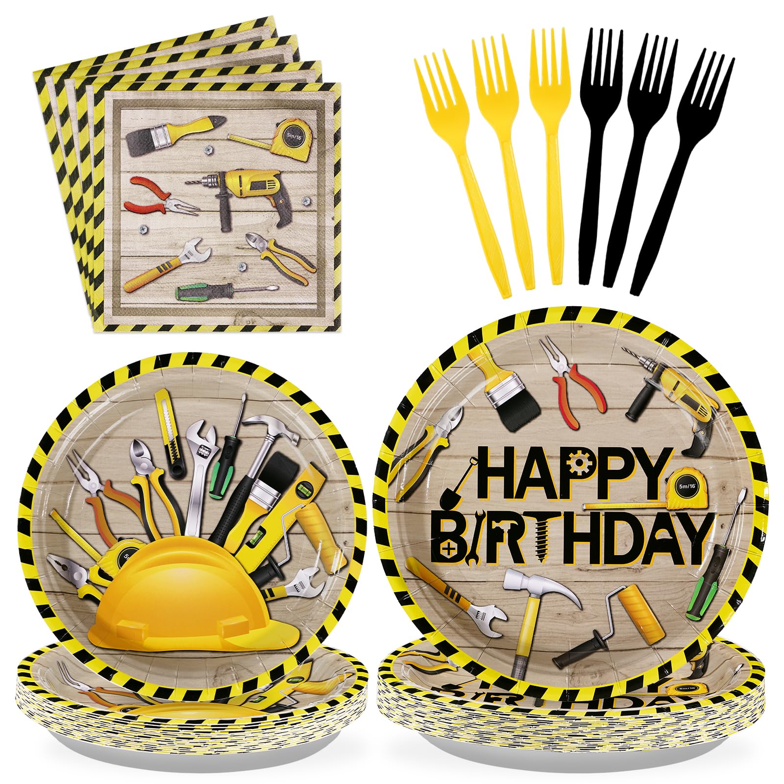Photo 1 of Grencian 96 PCS Handyman Tools Party Supplies Handyman Tools Party Plates 350GSM Disposable Handyman Tools Birthday Tableware Set for Little Builder Carpentry Construction Birthday Party, Serves 24