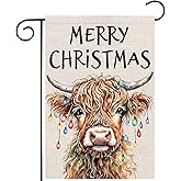 Merry Christmas Garden Flags 12x18 Vertical Double Sided Outside, Highland Cow Yard Flag Outdoor Holiday Seasonal Winter Decorations for Home