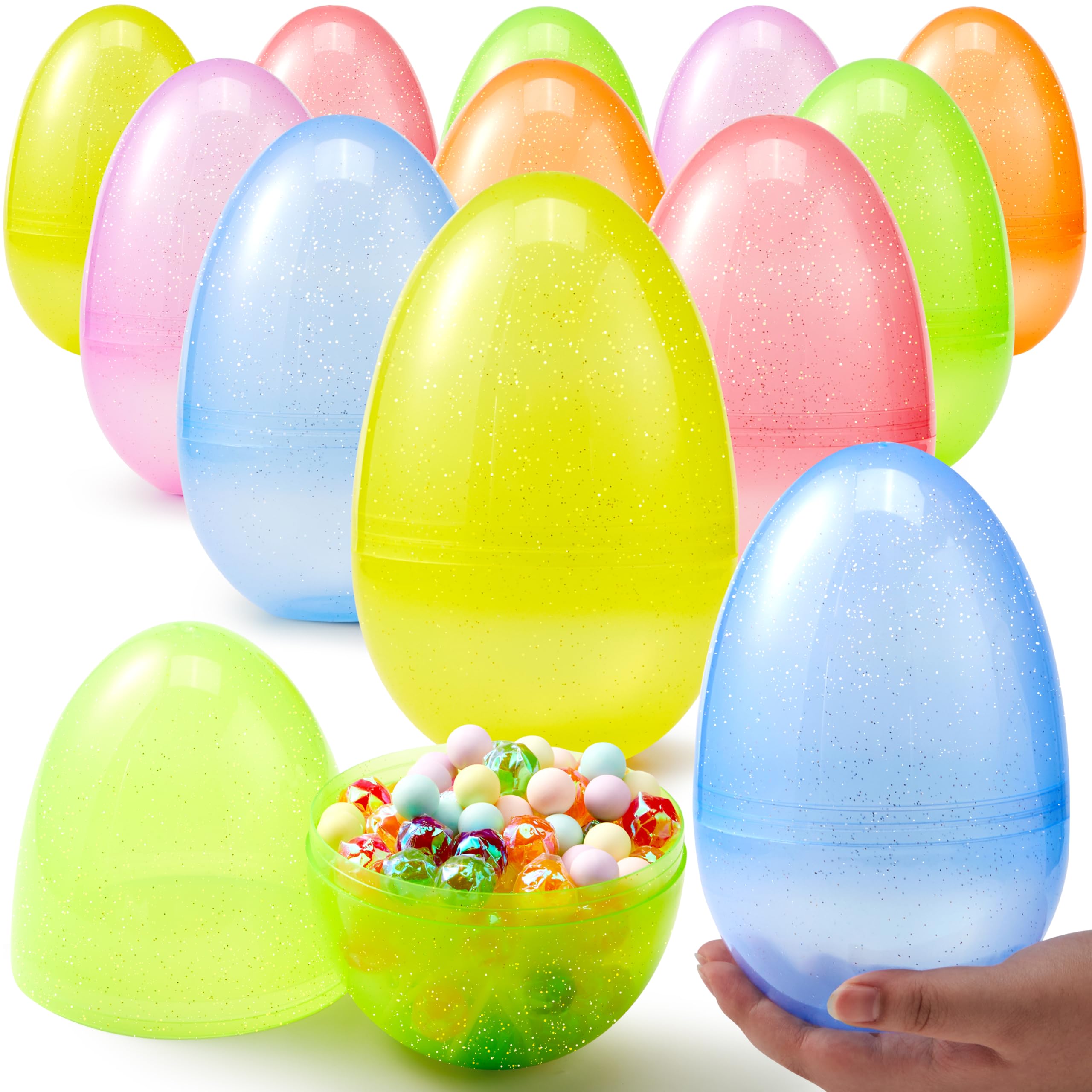 JOYIN 12 Pcs 7" Jumbo Plastic Easter Eggs, Clear 6 Assorted Colors Glitter Empty Eggs for Filling Treats Easter Party Favor Hunt Basket Stuffers Fillers Classroom Prize Supplies Toy