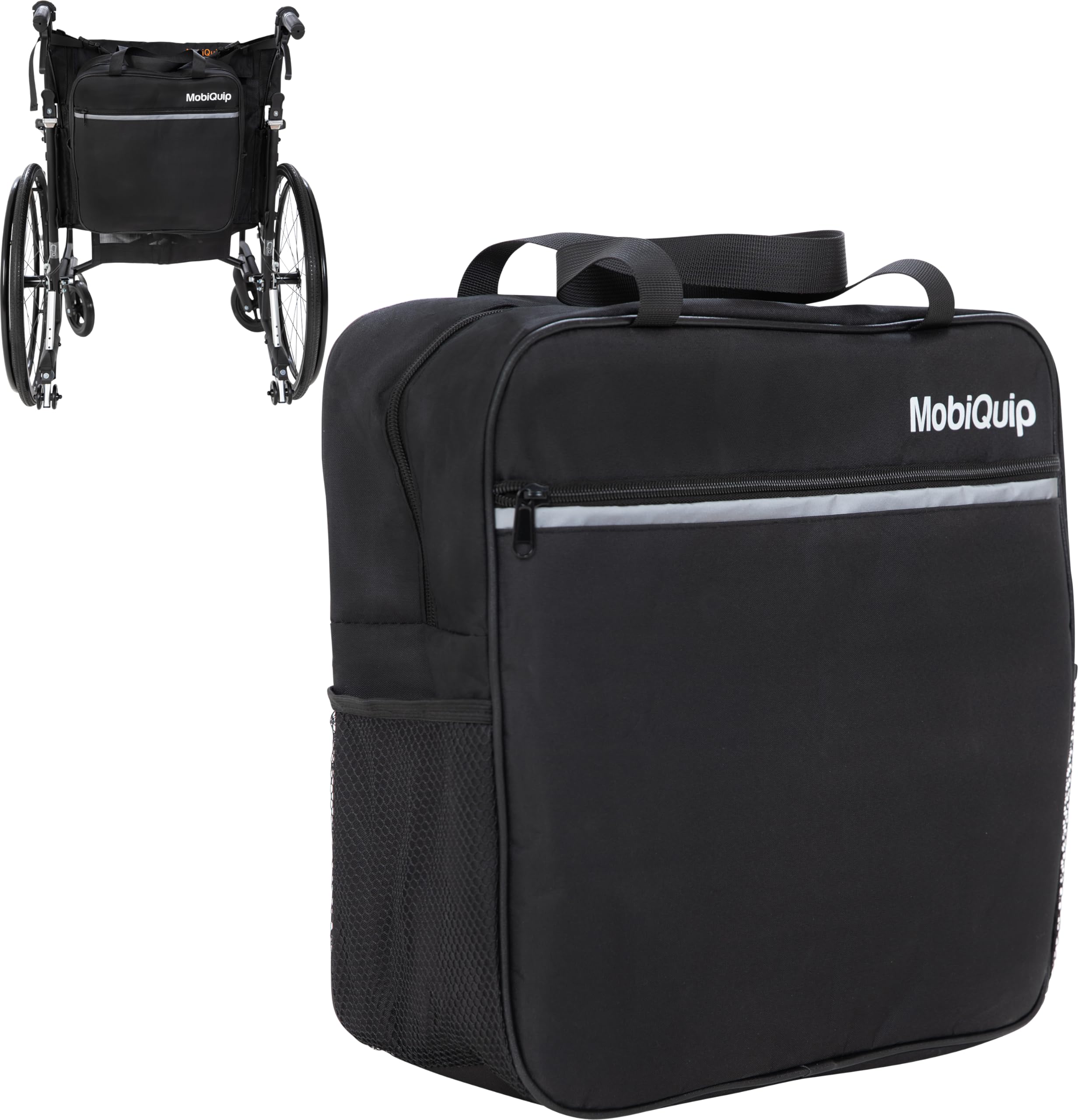 MobiQuip Wheelchair Bag Accessory for Back of Wheelchair, Large Storage Bag for Shopping with Compartments, Waterproof Wheelchair Accessory, Backpack Straps, Black