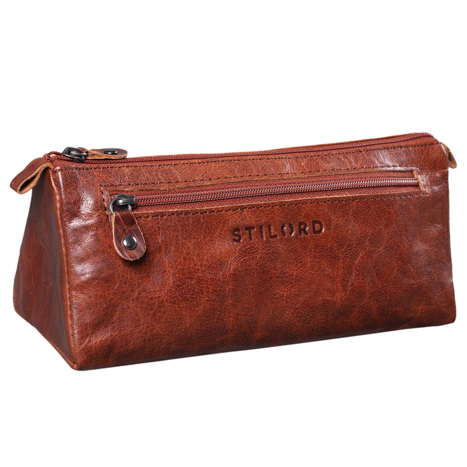 STILORD "Alexis" Leather Pencil Pouch Vintage Pen Case Holder with Zipper for Women Men for School Office in Genuine Leather Colour:Brandy - Brown