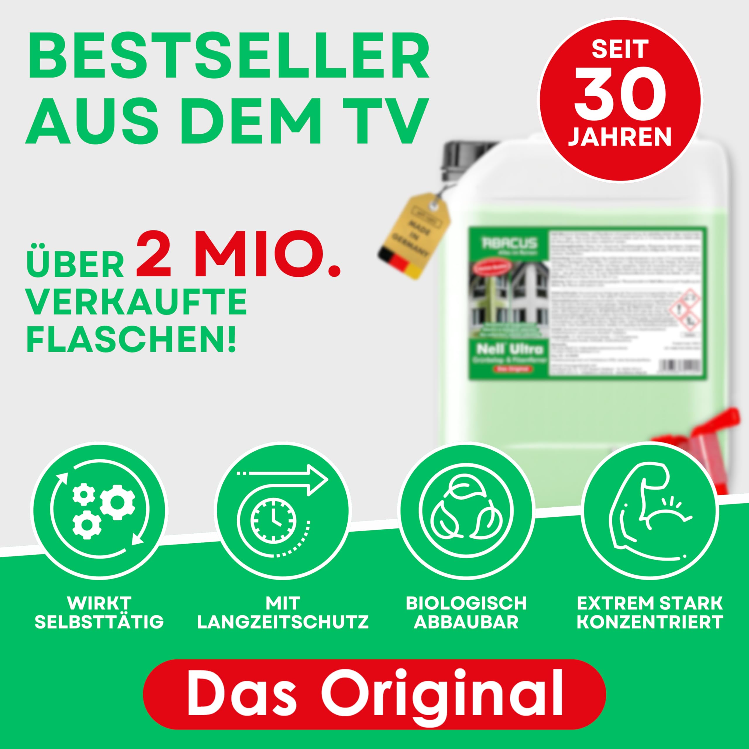 ABACUS® Nell Ultra Grünbelagentferner & Algenentferner Konzentrat, extrem stark! Entfernt Grünbelag & Algen selbsttätig ohne zu Schrubben – für Stein, Fassade, Terrasse, Dach – Nell Ultra 2,5 Liter 2