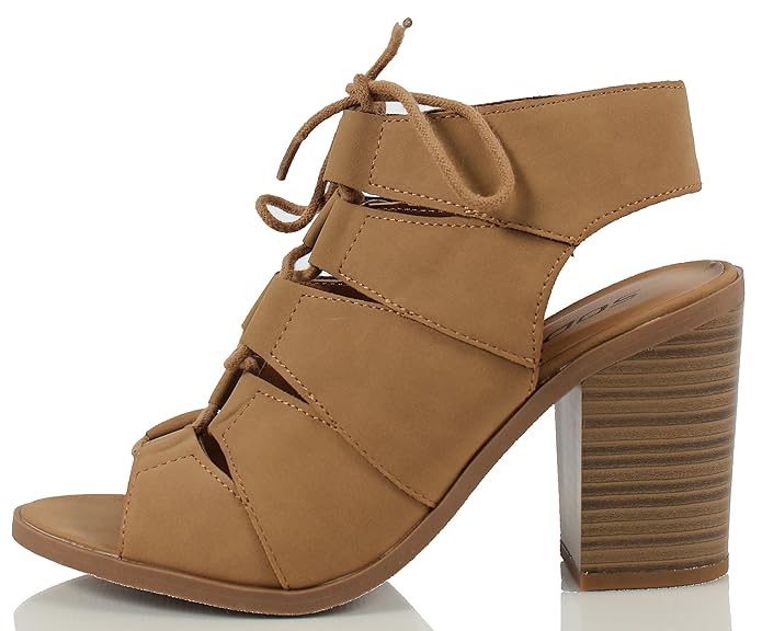  Soda Women's Quince Faux Leather Peep Toe Lace Up Gladiator Slingback Open Back Ankle Boot