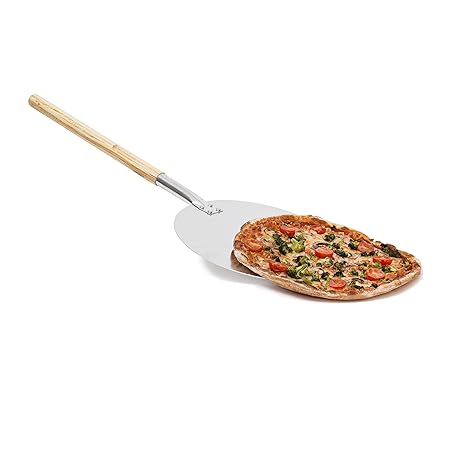 Relaxdays Pizzaschaufel rund, Pizzaschieber mit Holzgriff, Profi Pizzaheber & Brotschieber, Metall, Ø 30cm, beige/silber