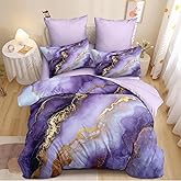Nayoroom Purple Marble Comforter Set Queen Size Metallic Gold Marble Comforter 3 Pcs Kids Girls Geometric Cottagecore Bedding Set for All Seasons (1 Comforter, 2 Pillow Shams)
