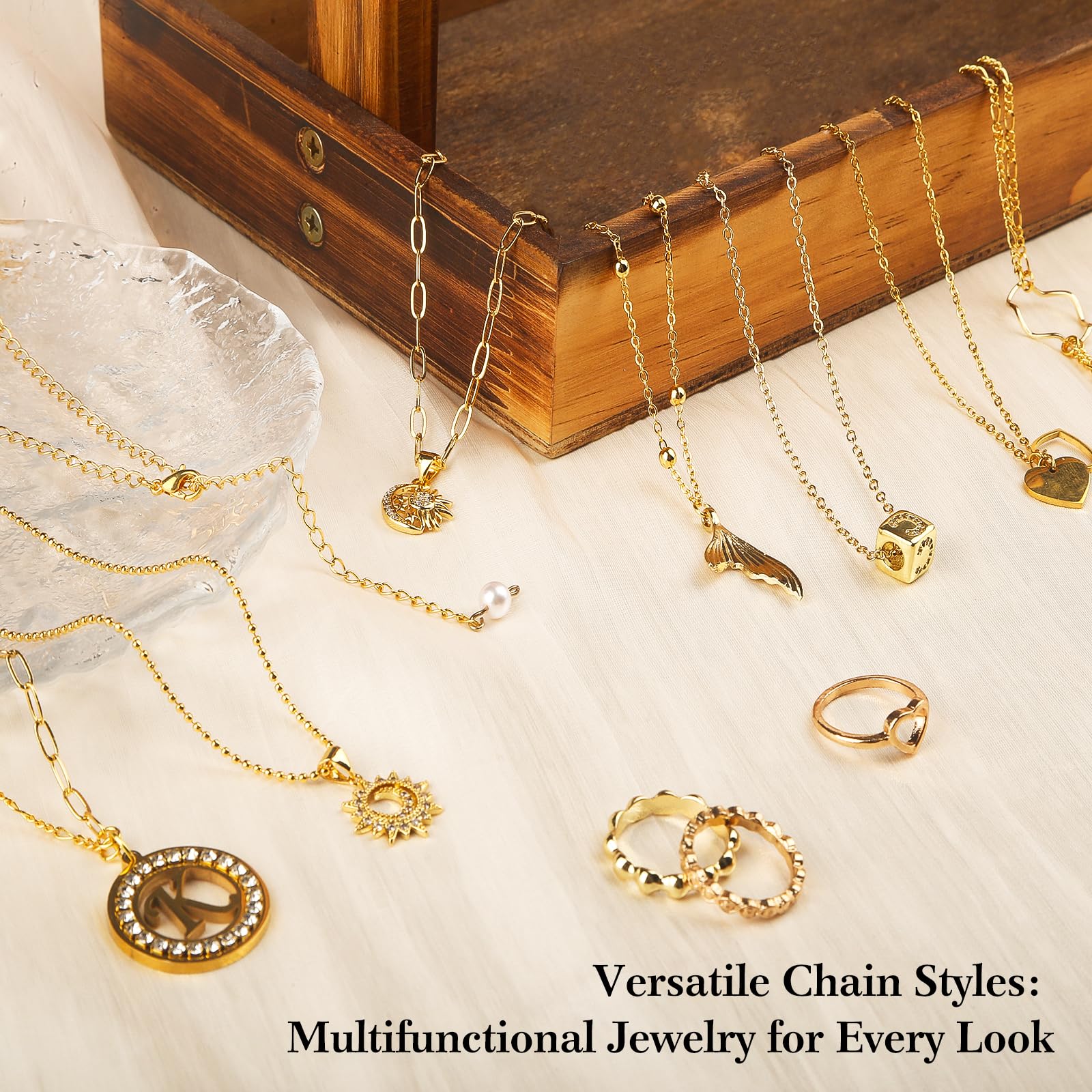 Ecoofor 18k Gold Necklace Chains for Jewelry Making, 39.3 Feet 6 Rolls Bracelet Chains for DIY,6.5Feet Each Style, Gold Chain with Jump Rings/Lobster Clasps/Connectors