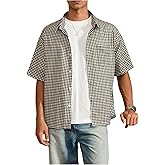 GORGLITTER Men's Plaid Button Up Crop Top Shirt Gingham Short Sleeve Tee Shirts
