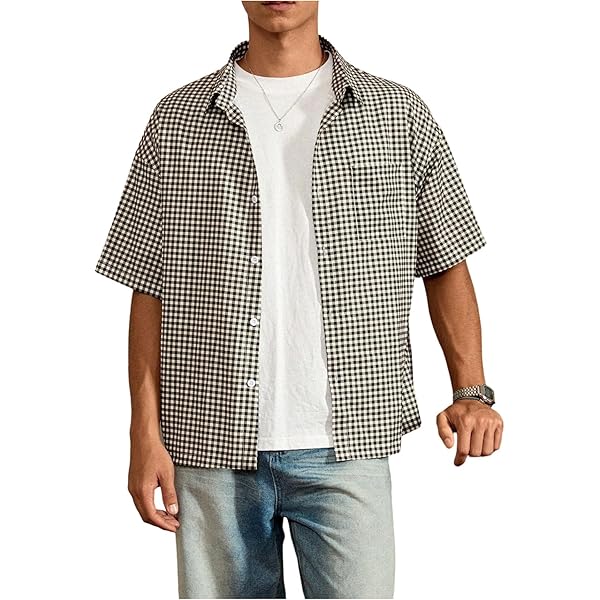 Amazon.com: GORGLITTER Men's Gingham Cropped Shirt Plaid Button Up