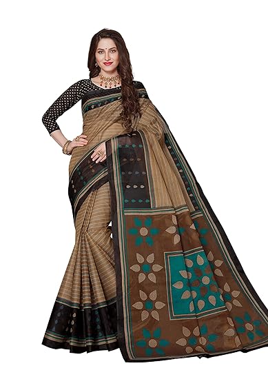 Womens Pure Cotton Printed Saree with Blouse Piece (SKR5479_Black-Beige)