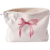 Cute Soft Corduroy Zipper Makeup Bag for Purse, Coquette Aesthetic Pouch with Pinkbow Pattern for Women Girls, Brushes Storage Travel Cosmetic Bags(02Big Bow)