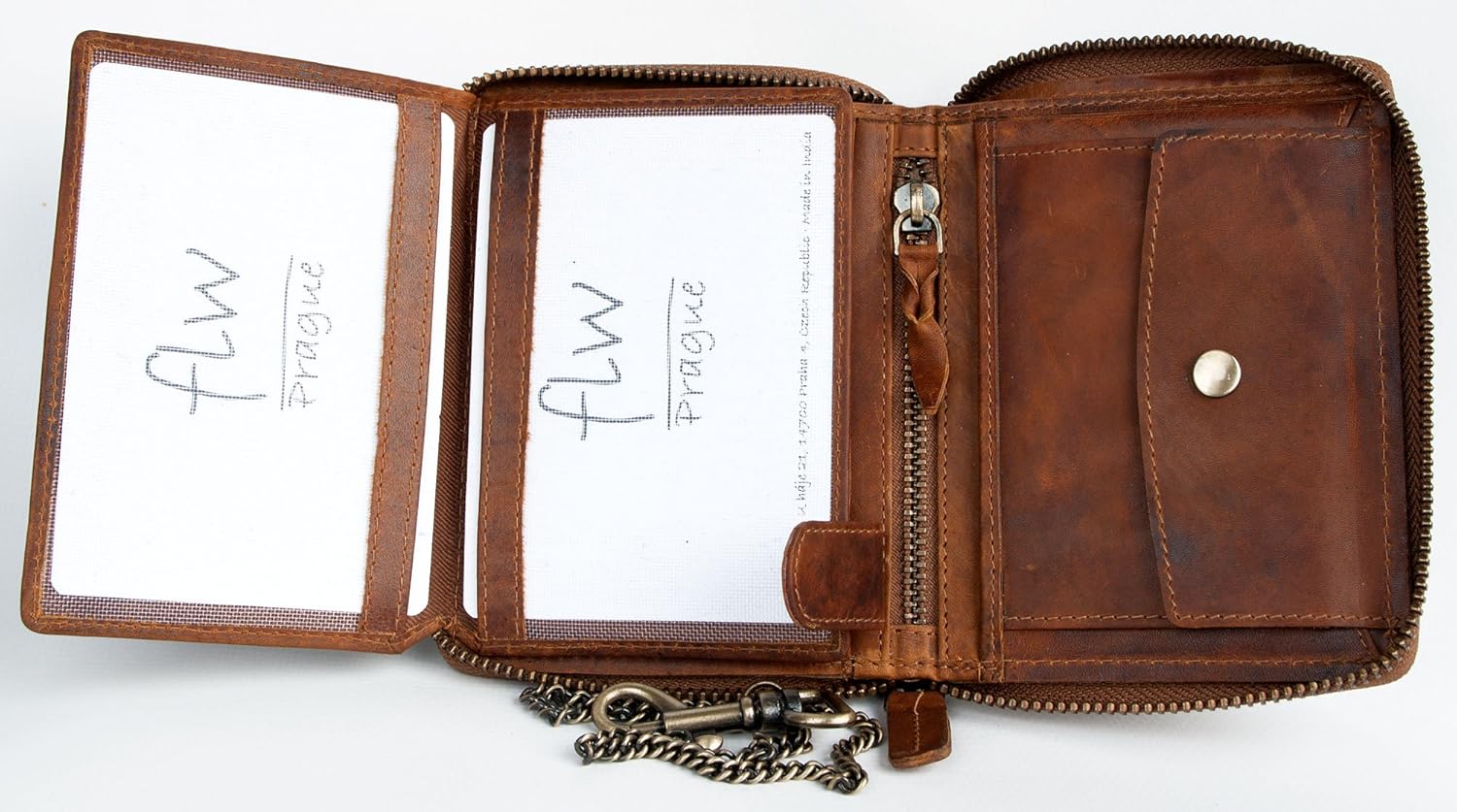 FLW Glazed genuine leather biker's leather wallet with metal chain, Tan - Image 5