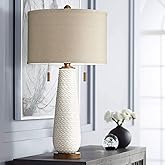 Possini Euro Design Kingston Mid Century Modern Table Lamp 32 3/4" Tall White Grooved Patterned Ceramic Taupe Drum Shade for 