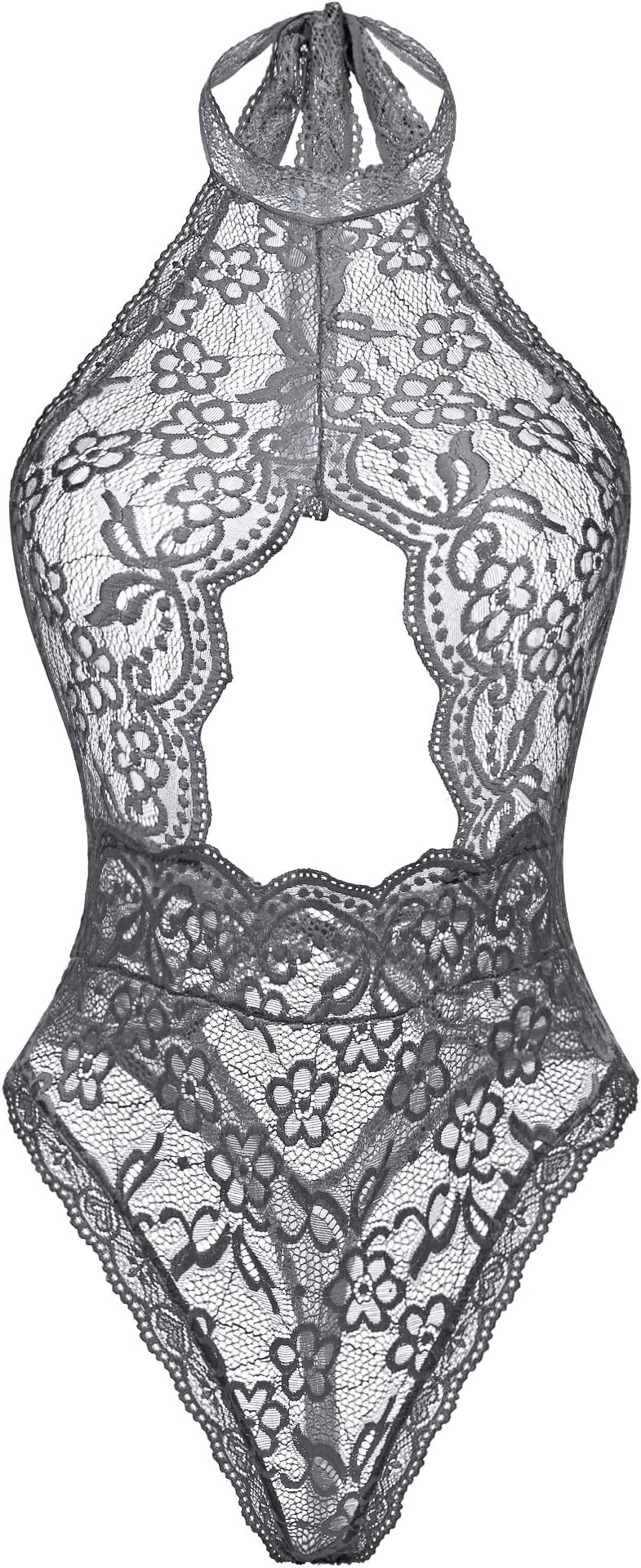 Chomoleza Women Sexy Lace Bodysuit Snap Crotch Teddy Lingerie One Piece Lace Babydoll Gray