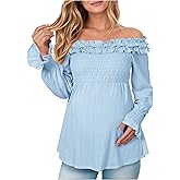 OUGES Womens Cotton Blend Off The Shoulder Maternity Tops Smocked Ruffle Sleeve Blouse Going Out Pregnancy Shirts 2025