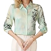 LAI MENG FIVE CATS Women's Silk Satin Shirt Floral Print Long Sleeve Button Down Casual Blouse Top