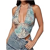 MakeMeChic Women's Cheetah Print Top Halter Corset Top Sexy Deep V Neck Going Out Tops