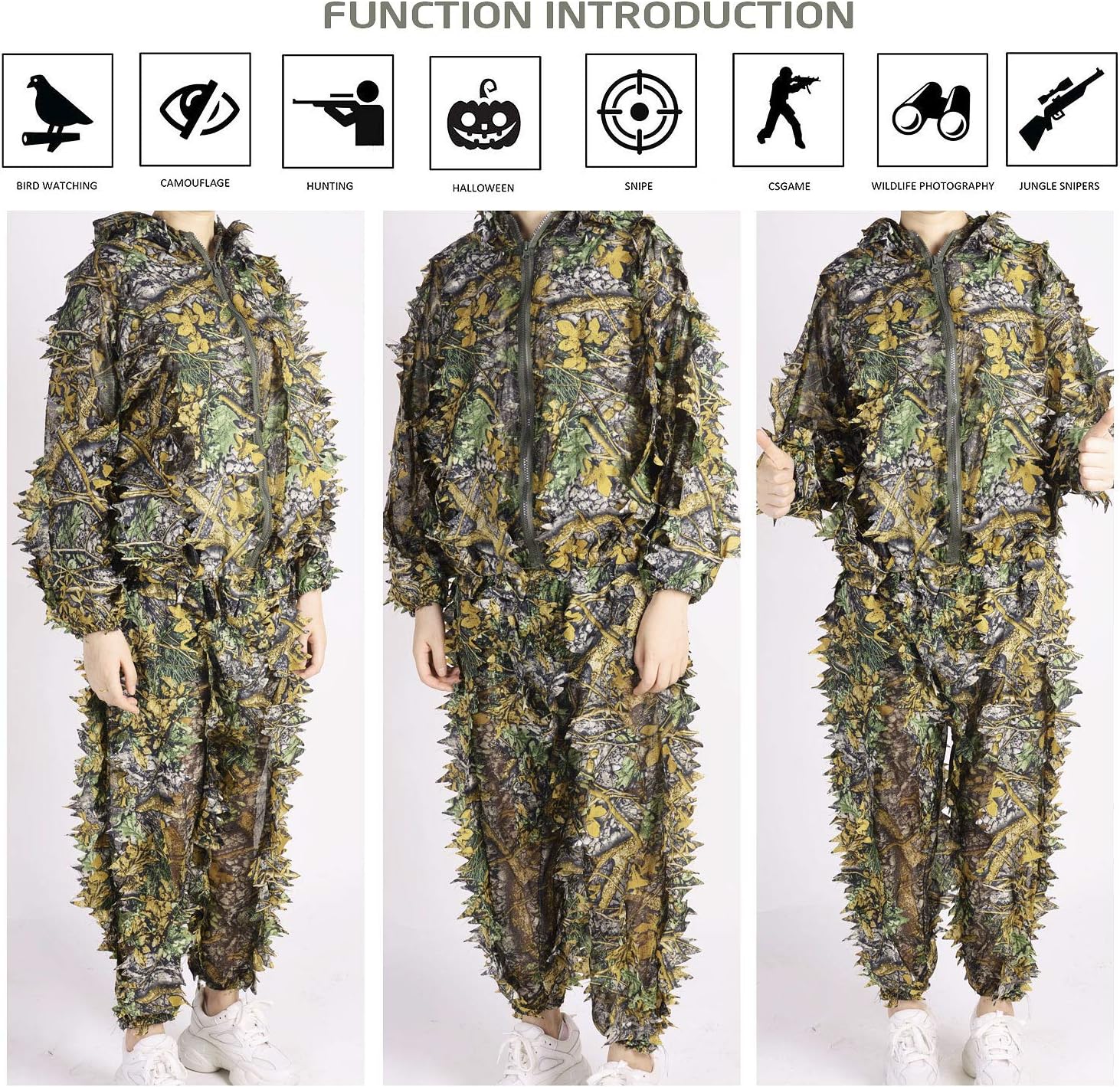Ghillie Suit Kids Adult 3D Leafy Hooded Camouflage Clothing Outdoor Woodland Hunting Suit Sniper Costume Camo Outfit for Jungle Hunting, Military Game, Wildlife Photography, Halloween : Sports & Outdoors