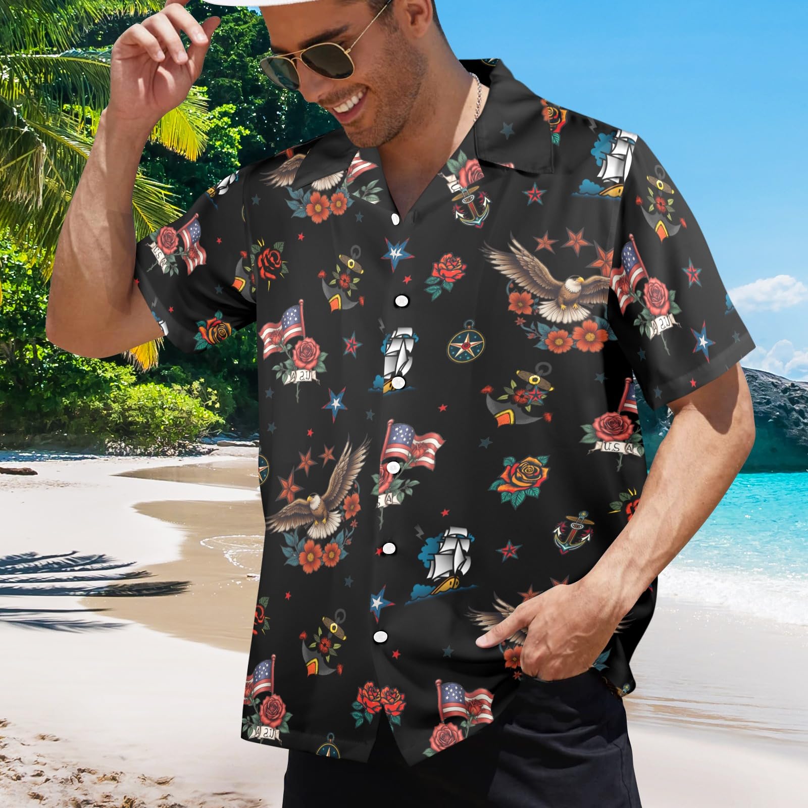 HUGLAZY American Flag Eagle Hawaiian Shirts Short