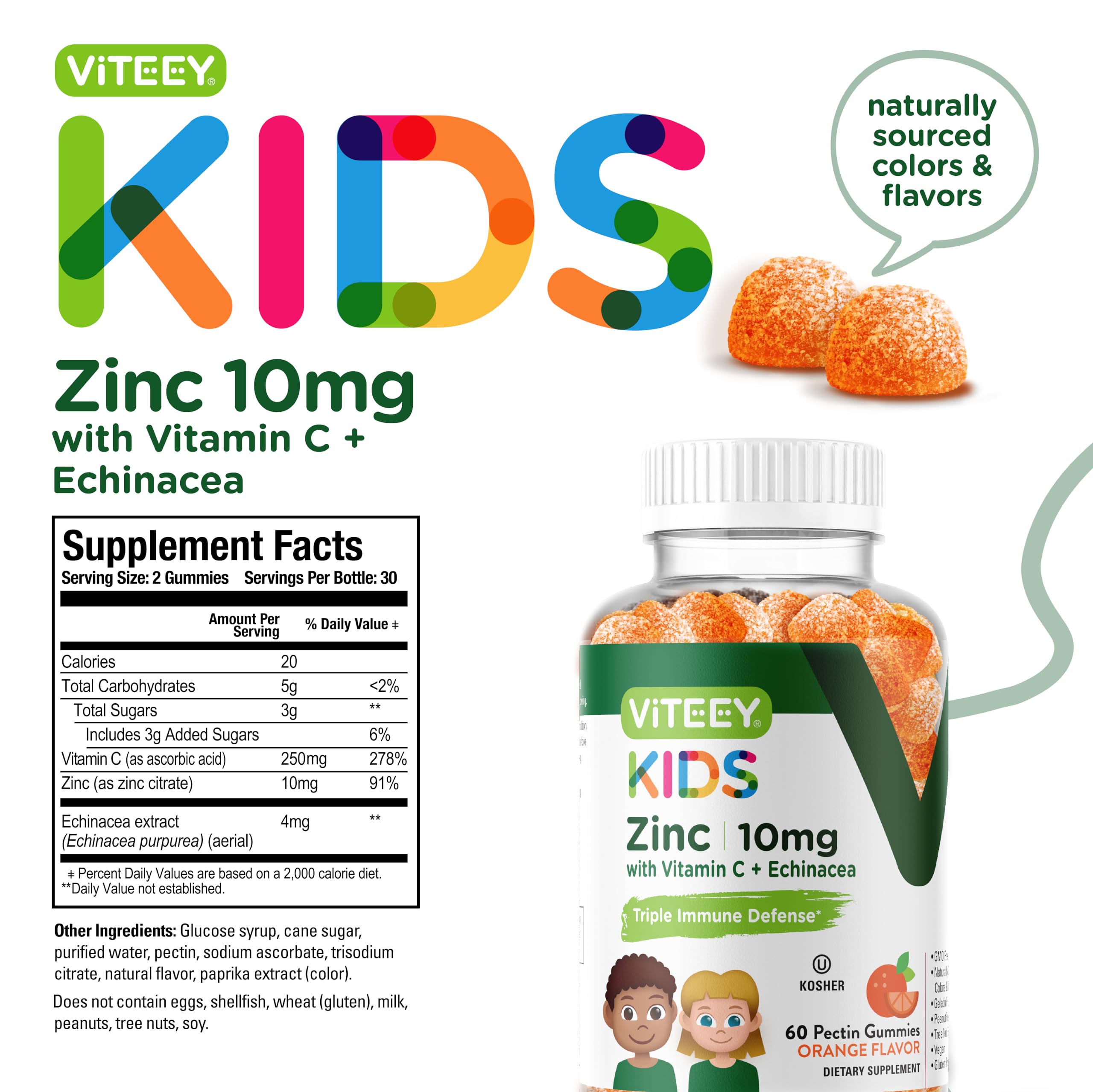 Zinc for Kids Gummies 10mg, with Vitamin C & Echinacea for Kids - Immune Support, Powerful Natural Antioxidant, Kids Zinc Vitamin Supplement - Vegan, Gelatin Free - Tasty Chewable Orange Flavor Gummy