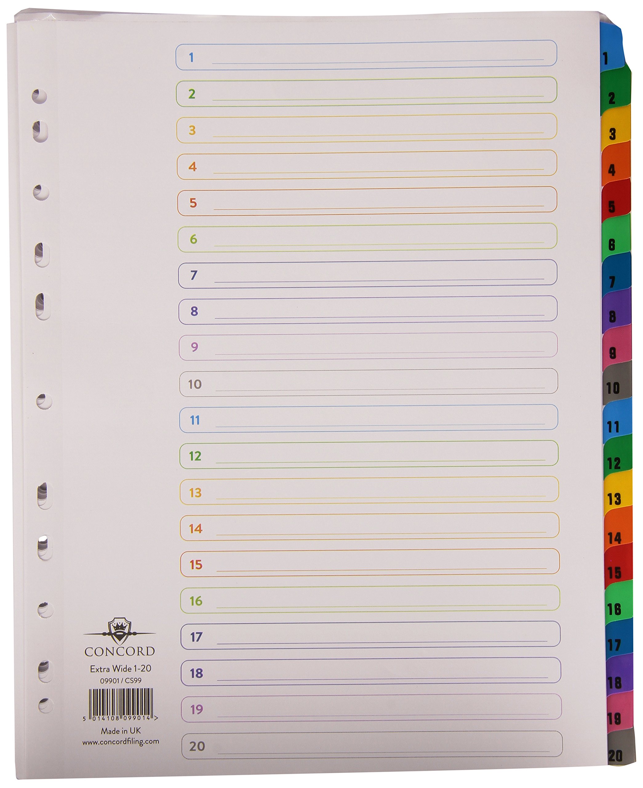 Concord Punched Pocket Index Multicolour-tabbed Europunched 1-20 Extra Wide A4 White Ref CS99