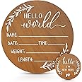 Baby Announcement Sign, Wooden Hello World Newborn Baby Name Sign Birth Announcement Plaque for for Hospital Nursery Photo Prop Ba-by Shower