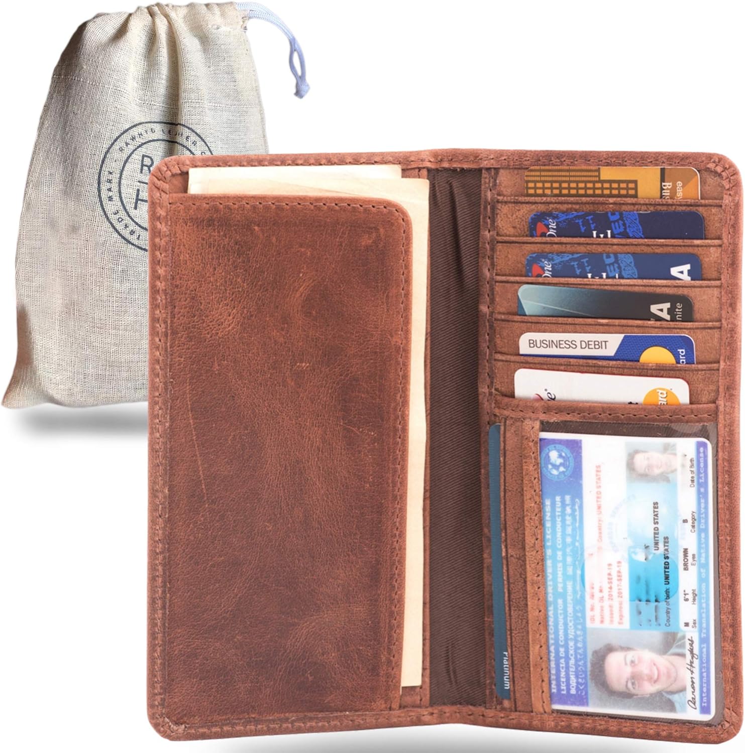 RAWHYD Full Grain Leather Long Bifold Wallet, Hunter Brown, 17.1cm tall, 8.9cm wide, .6cm thick - Image 3