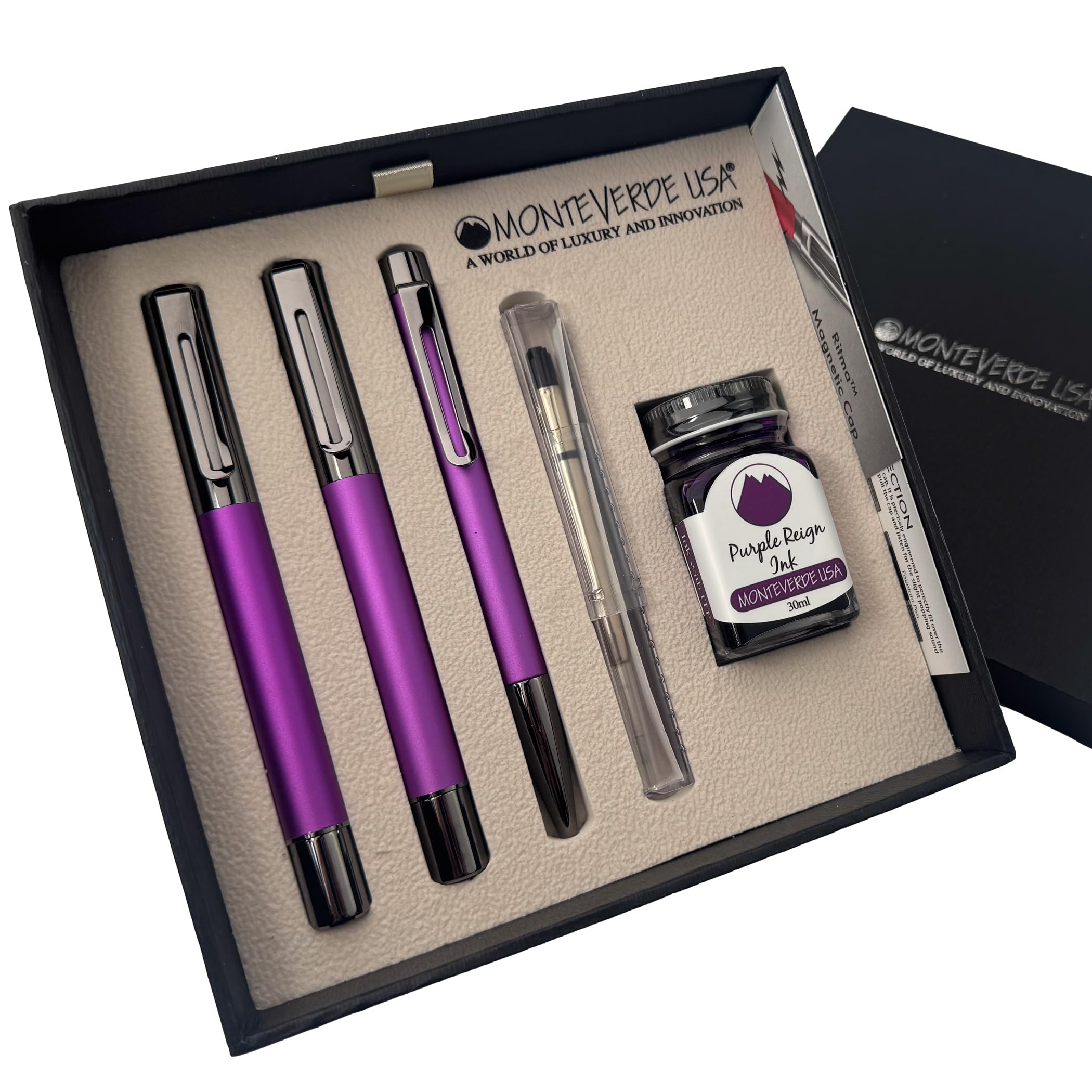 Monteverde Ritma 3+2 Piece Gift Set, Purple – Includes Fine Nib Fountain Pen, Rollerball, Ballpoint, 30ml Ink & Refill – Elegant Writing Set for Professionals & Collectors