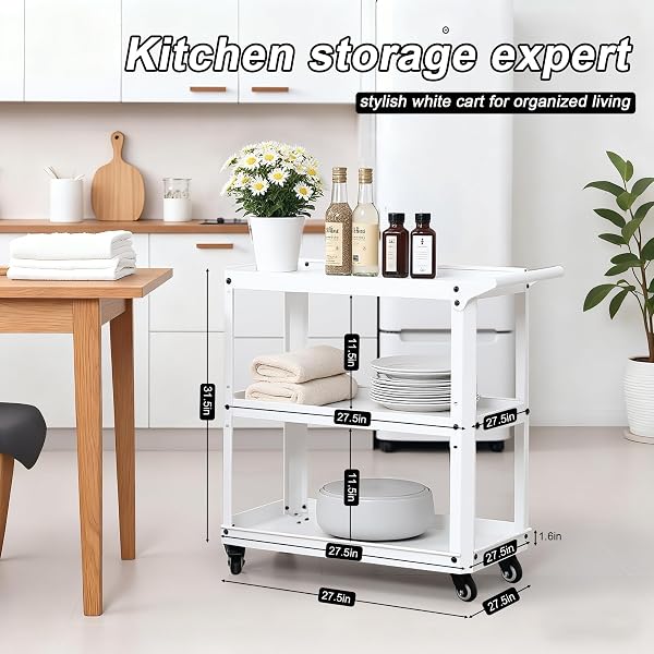 XCX 3 TIER METAL UTILITY ROLLING CART WITH WHEELS, HEAVY DUTY STORAGE ORGANIZER TROLLEY CART FOR KITCHEN, BATHROOM, OFFICE, BEDROOM – MULTI-PURPOSE 330LBS CAPACITY UTILITY CART ON WHEELS, WHITE